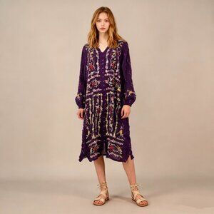 $480 NWOT Johnny Was Floral Long Sleeves Embroidered Purple Midi Shirt Dress S